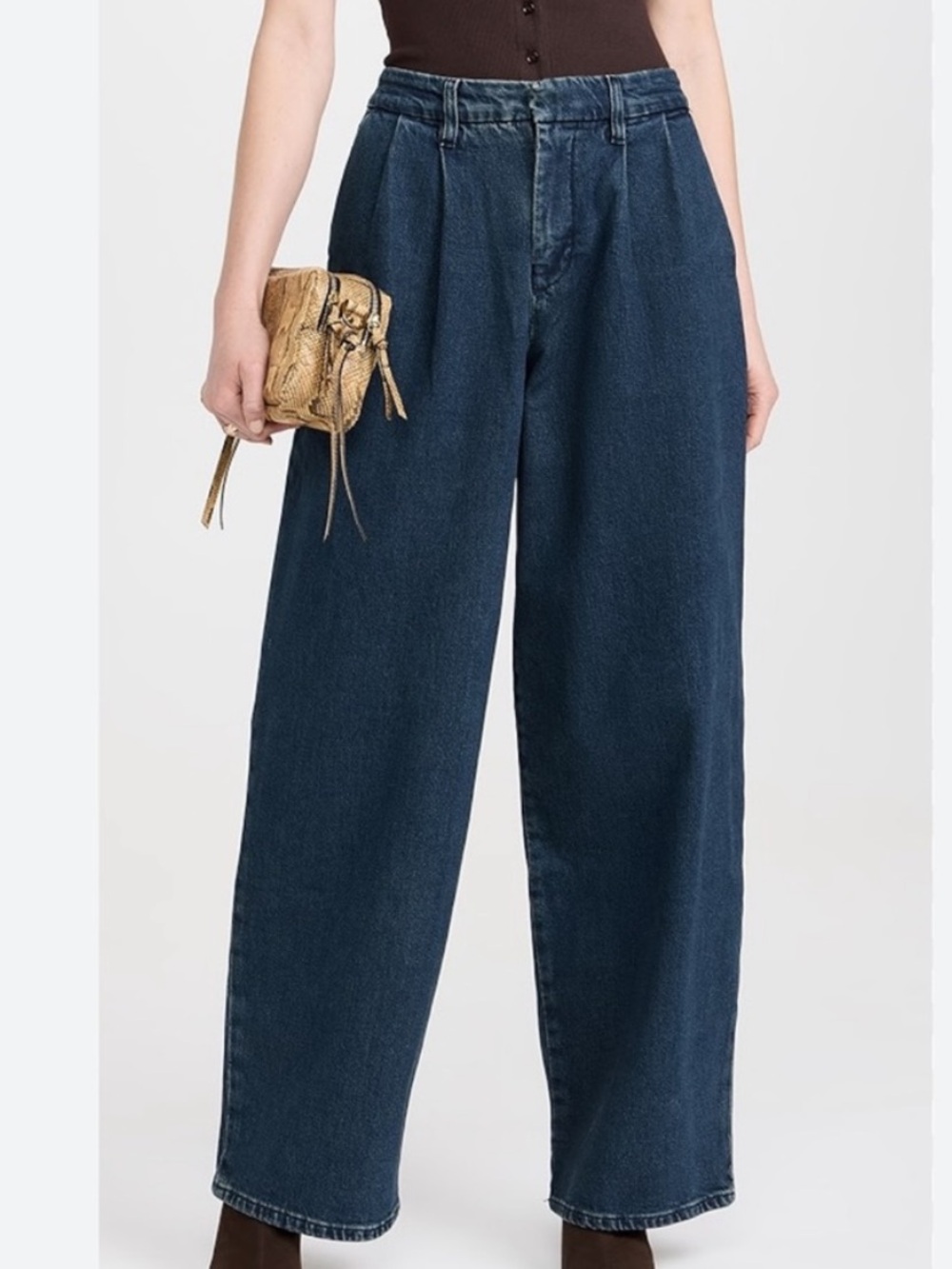 NWT👖Good American Pleated Dark Blue Indigo Wide-Leg Denim Trousers.